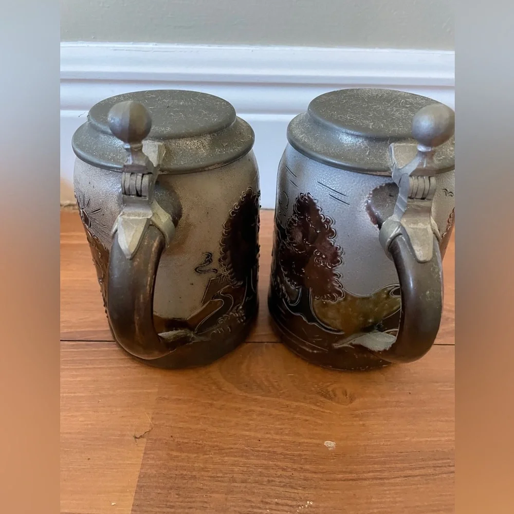 Vintage German Beer Steins / Mugs with Pewter Lids - Handarbeit B.E. - Set of 2